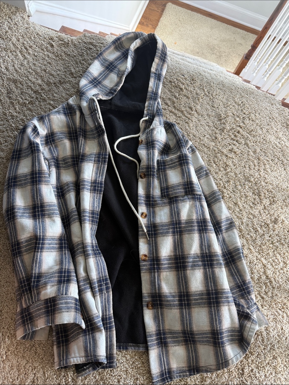 Men's Plaid Hooded Shirt Jacket - Blue & Cream